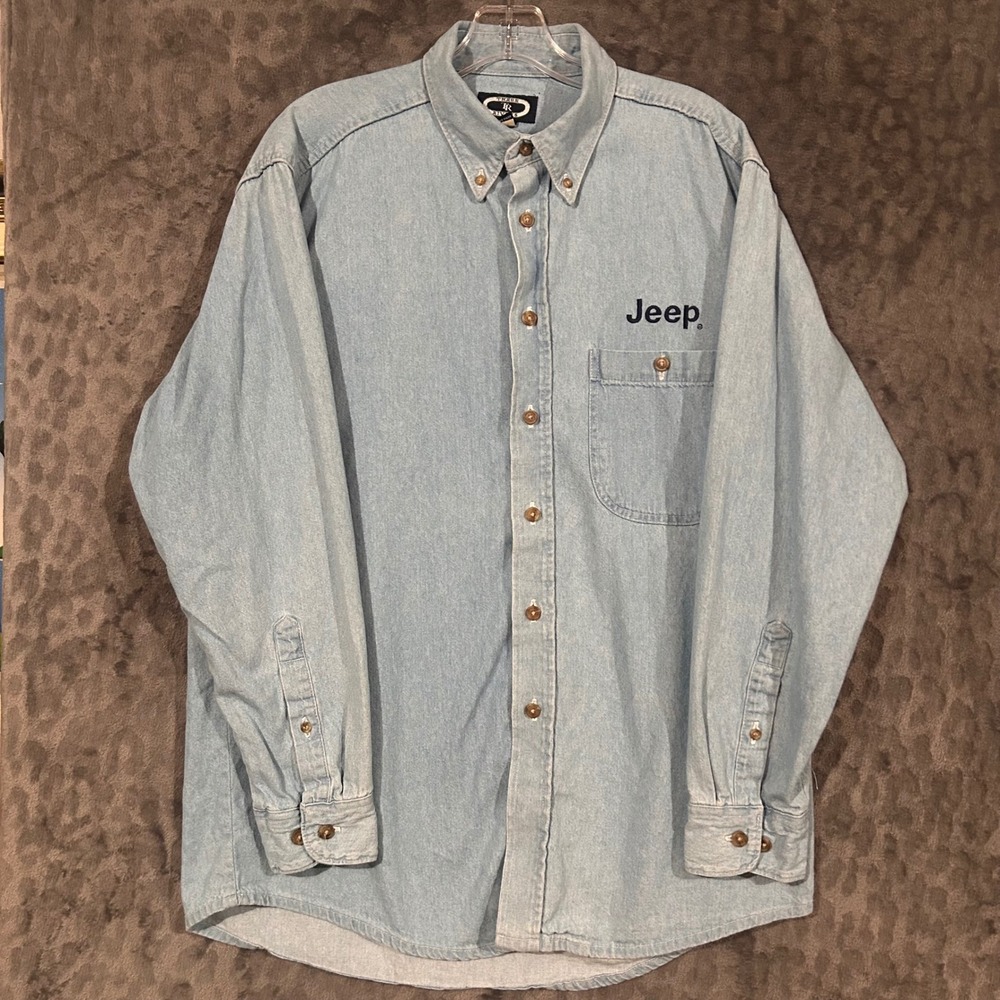 Three Rivers Jeep Embroidered Denim Button Down Shirt Mens Medium Light Wash L/S